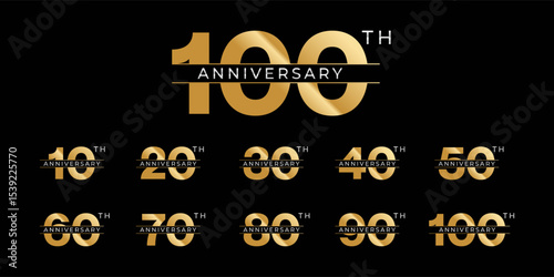 Set of modern vector logo designs for 10th to 100th anniversary, in gold color for celebrations, weddings and birthdays