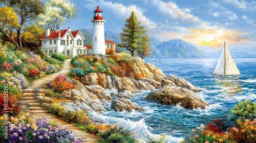 Colorful coastal landscape with a lighthouse and sailboat.