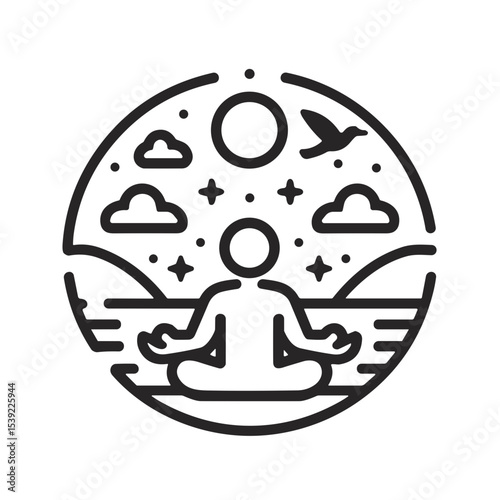 Meditation silhouette with nature elements and calming scenery  