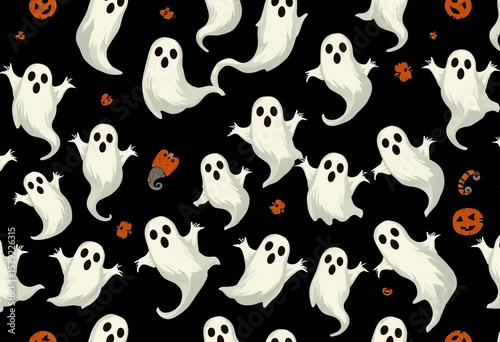 Seamless Halloween vector pattern featuring spooky ghosts on a dark background, art, vintage