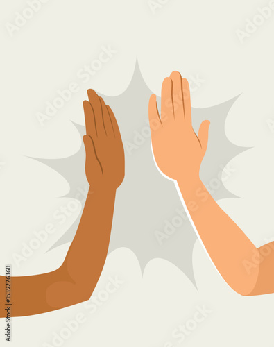 Cartoon vector of two hands from different ethnicities making high five gesture illustration. Symbol of celebration, unity and teamwork on a beige background