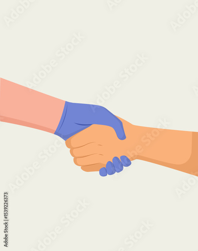 Cartoon close-up vector illustration showing a handshake between a gloved hand of a doctor and the bare hand of a male patient. Symbol of trust, care and agreement in healthcare