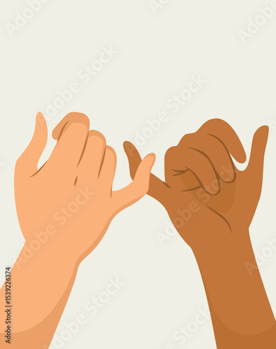Cartoon close-up of two arms from people of different ethnicities making a pinky promise gesture. Drawing concept for loyalty, trust and commitment on a beige background