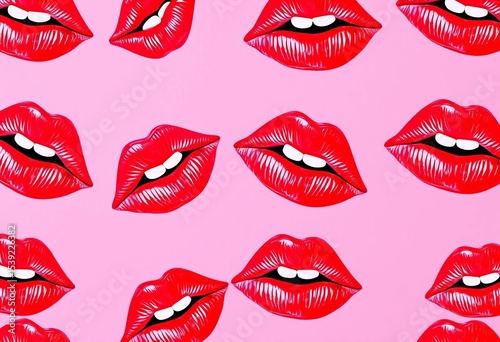 Seamless pattern of red lipstick kisses on pink background,  cosmetics,  feminine