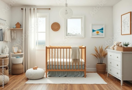 Serene coastal nursery, crib near window, natural wood, calming decor, dreamy, ocean view