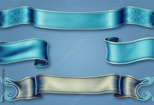 Set of vintage light and dark blue ribbons, intricate details, vector illustrations, classic, blue ribbon