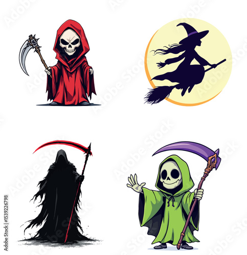 Vsai grim reaper and witch flying on broom against full moon, halloween characters collection