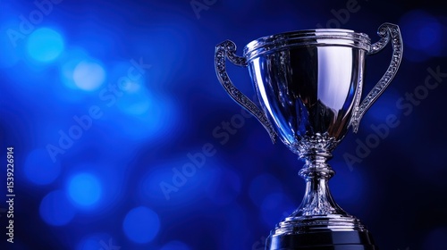 Silver trophy against a blue bokeh background