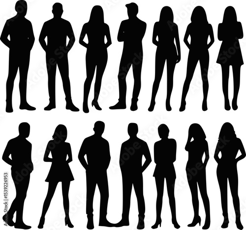 Vector silhouettes man and women, illustration. Silhouettes of young people posing in fashionable clothes. EPS 10 version.