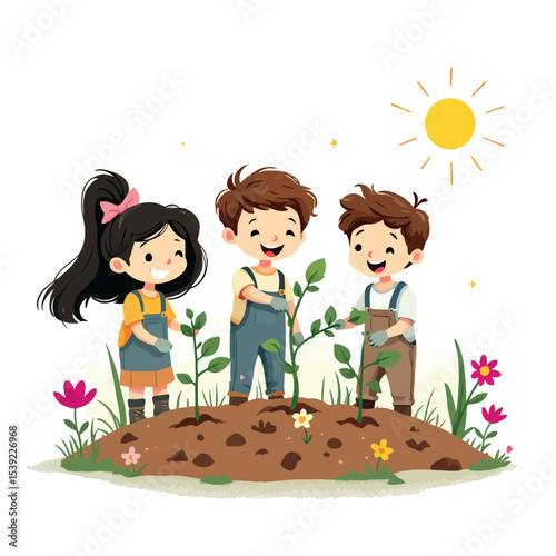 Vsai happy children planting seedlings in the garden on a sunny day