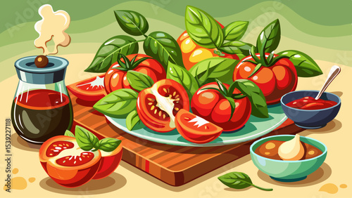Caprese salad ingredients preparation: Fresh tomatoes, basil, balsamic glaze Very beautiful