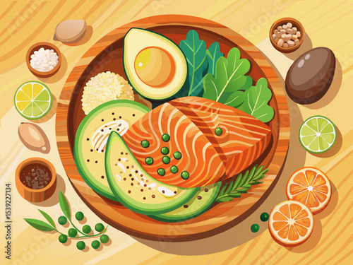 vector of Salmon in a wooden bowl, avocado, eggs, nuts and seeds, in a separate bowl on a light orange background, top view