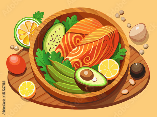 vector of Salmon in a wooden bowl, avocado, eggs, nuts and seeds, in a separate bowl on a light orange background, top view