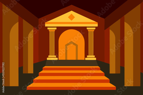 Vector illustration of a grand ancient temple or palace entrance with a red carpet leading through an ornate stone arch and up marble stairs