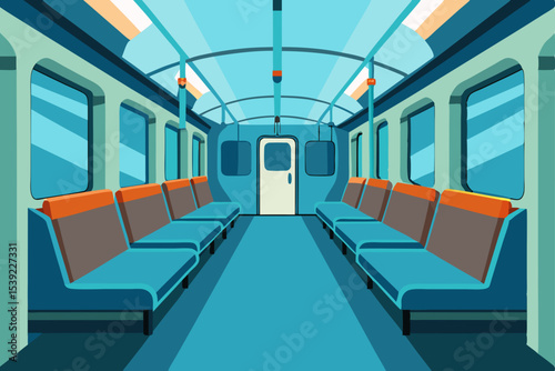 Urban design illustration of an empty subway train in motion through a city station with modern interior architecture and large windows