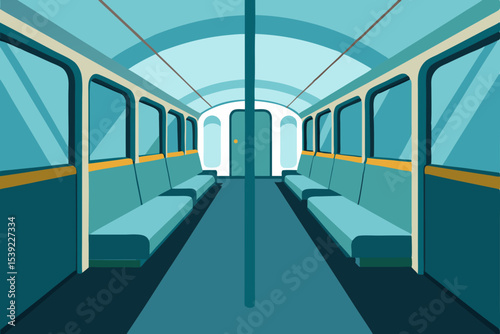 Subway train in motion blur through an empty, futuristic underground station corridor with urban light