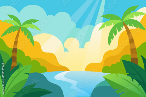 Tropical island beach with palm trees and ocean, perfect for a summer vacation