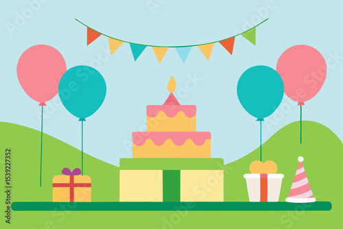 Happy birthday party celebration with cake, balloons, and gifts, a sweet vector illustration for your greeting card design