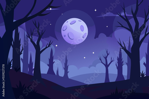 Spooky Halloween night landscape with a silhouetted tree under a full moon and starry sky