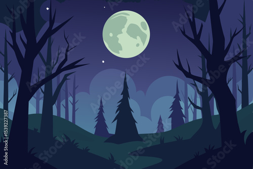 Dark Halloween night landscape with silhouetted trees and bats under a full moon in a star-filled sky
