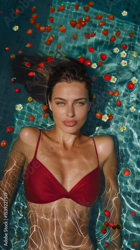 Woman floating in pool with strawberries and white flowers, dreamy tropical light, sensual and serene summer wellness footage