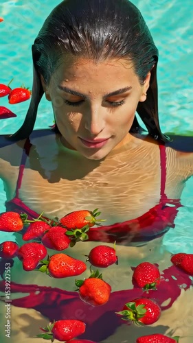 Beautiful woman in a pool with floating strawberries, sensual and refreshing summer footage with exotic vibes and radiant natural light