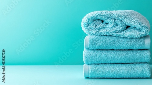 Stacked light blue towels on teal background