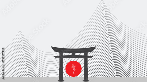 Minimalist Japanese Torii Gate with Wave Line Mountains for Zen Background Design