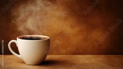 Steaming coffee cup on brown background