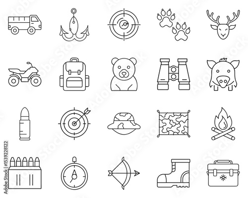 Hunting icon set featuring outdoor symbols and gear in black silhouettes