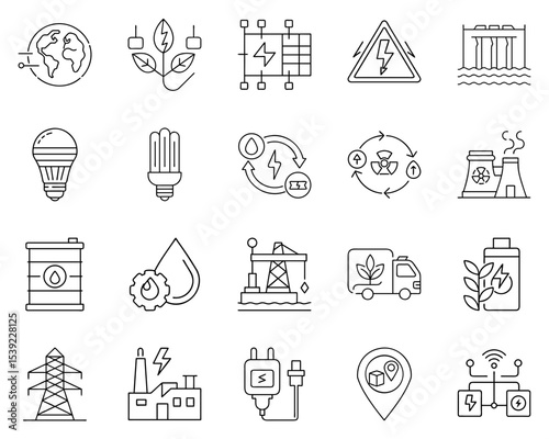 Energy and Resources vector icon set featuring black silhouettes