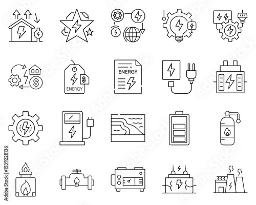 Energy and Resources Icon Set with Energy Symbols in Black Silhouettes