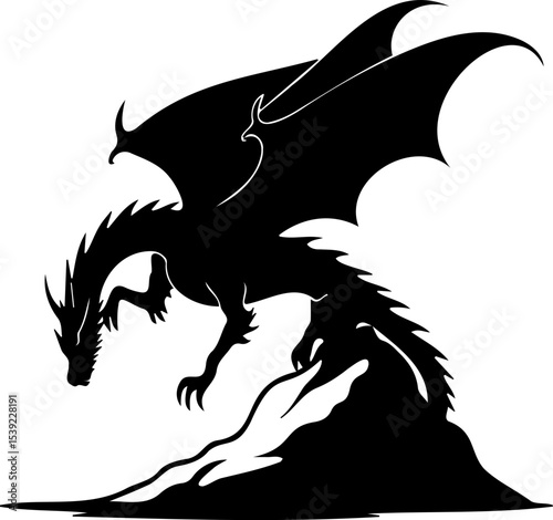 Silhouette of dragon perched on rock, wings spread wide, exuding sense of mystery and power