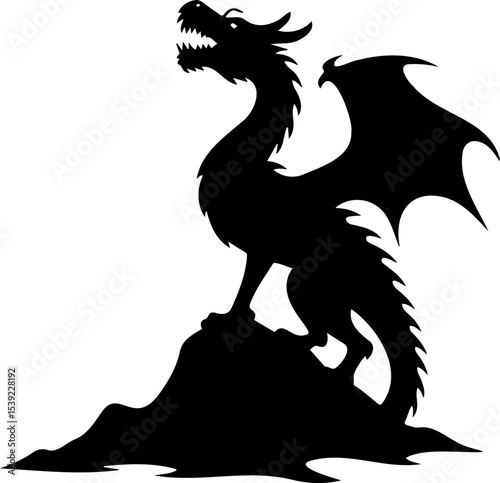 Silhouette of dragon standing on rock, wings spread and mouth open, evoking sense of mystery and power