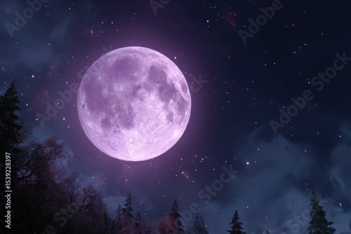 Enchanting full moon casting a magical glow over a tranquil forest. A celestial scene of nature's beauty beneath a starry night sky.