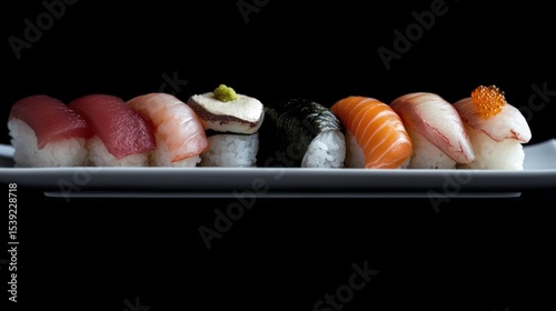 Sushi platter against black background