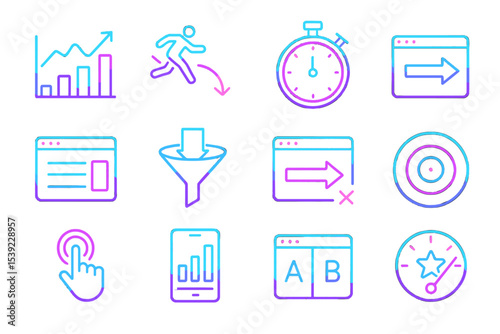 Neon glowing business icons: analytics, stopwatch, funnel, a/b testing