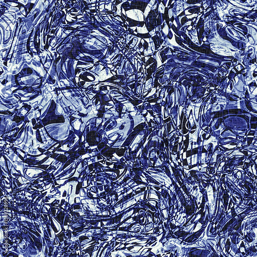 Dye wash indigo blue textur fabric effect background, Seamless glitch patched pattern in masculine Japanese block print style. 