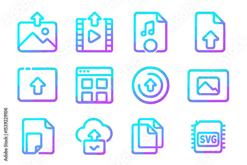 Neon icons of media files and upload arrows on gradient background