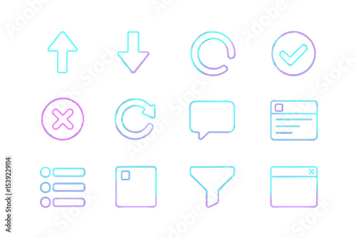Glowing neon icons: arrows, checkmarks, filters, and more in blue and purple