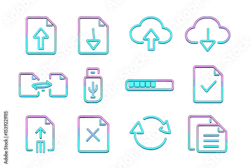Neon icons set for file transfer and synchronization on dark background