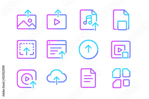 Neon icons: upload and media symbols in vibrant pink and blue