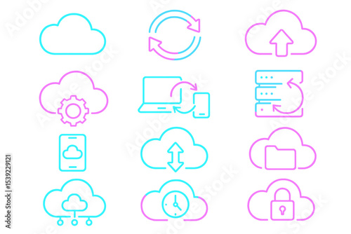 Neon cloud technology icons displaying synchronization and data transfer concepts
