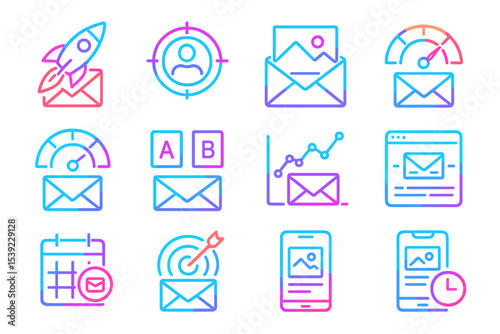 Neon email icons featuring analytics, delivery, and mobile notifications