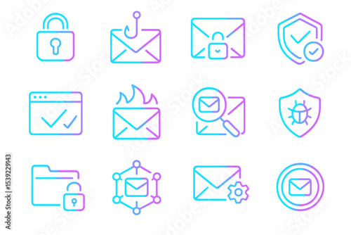 Neon cybersecurity icons featuring email, lock, and shield symbols
