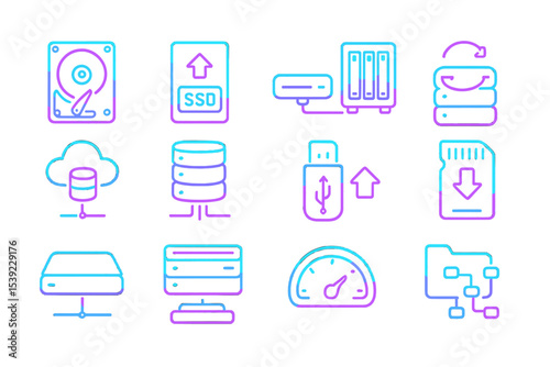 Neon glowing icons of digital storage devices and cloud services