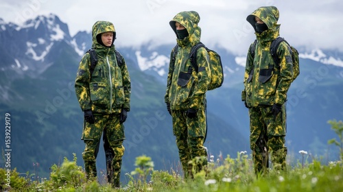 Three people in camouflage outdoor wear
