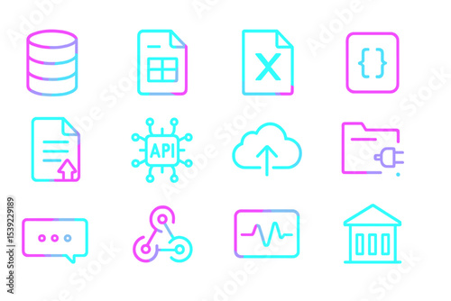 Neon icons of cloud computing, data storage, and integration on black background