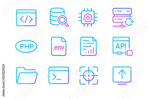 Neon tech interface icons for web development and data management