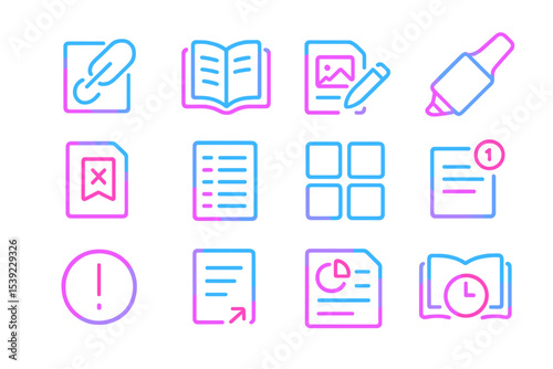 Neon-themed icons for digital files and tools in purple and blue glow